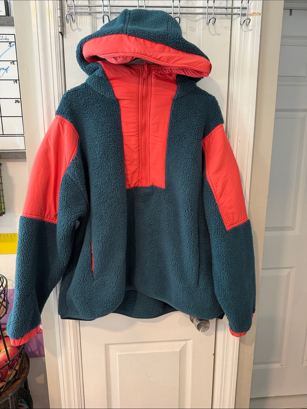 FP Movement by Free People Teal and Coral Hooded Puffer Sherpa Pullover